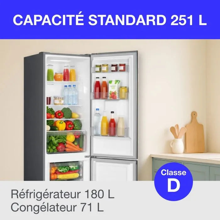 Réfrigérateur congélateur bas 251L - CONTINENTAL EDISON - Total No Frost - Inox - Classe D - L 54 cm x H 180 cm